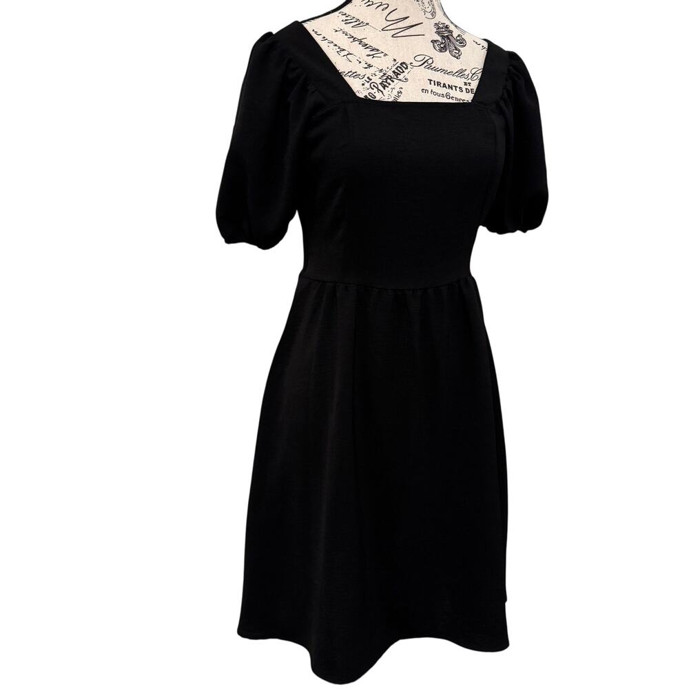 Womens XS Black Puff Sleeve Square Neck Mini Dress Tie Back Hidden Side Zipper